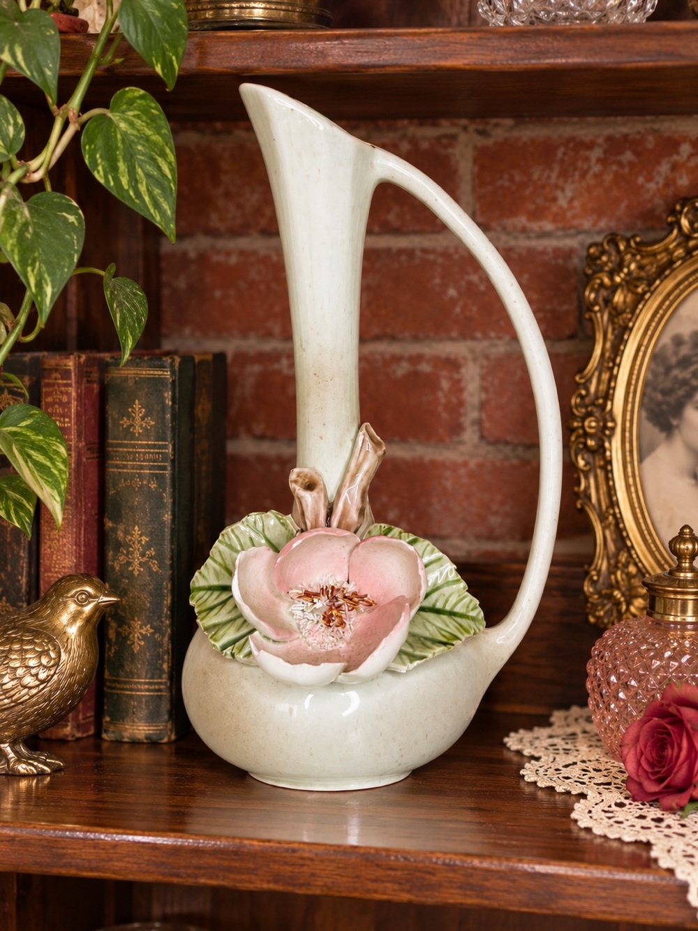 Vintage MCM Ceramic Pink snd White Magnolia Bud Vase